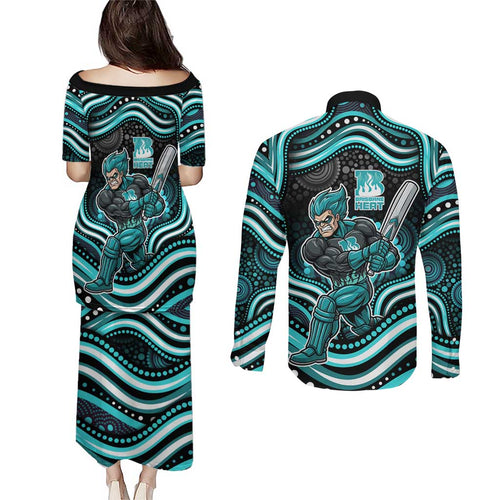 Brisbane Heat Cricket Couples Matching Puletasi and Long Sleeve Button Shirt Australian Cricket Mascot - Modern Indigenous Style