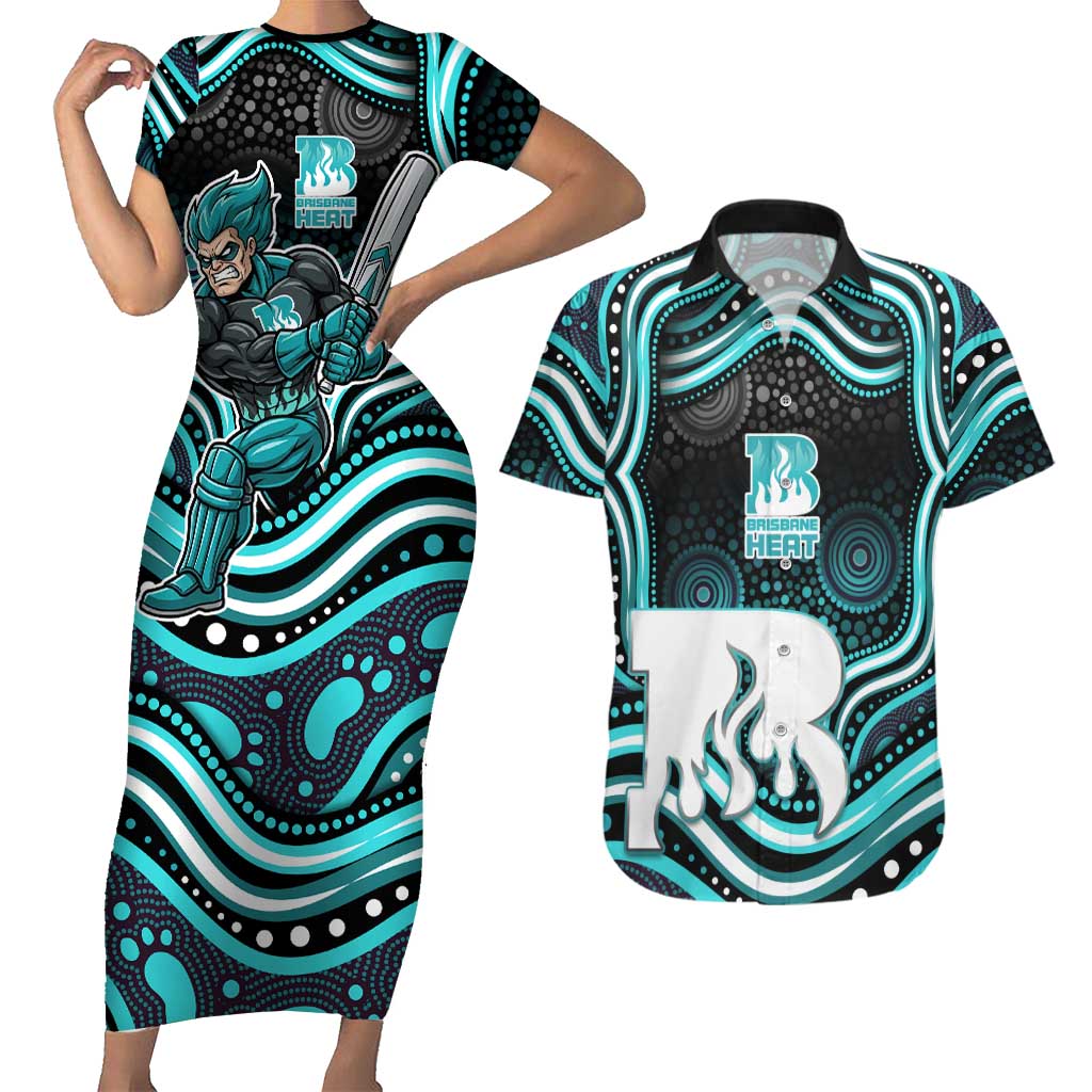 Brisbane Heat Cricket Couples Matching Short Sleeve Bodycon Dress and Hawaiian Shirt Australian Cricket Mascot - Modern Indigenous Style