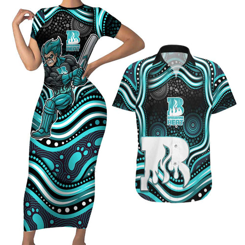Brisbane Heat Cricket Couples Matching Short Sleeve Bodycon Dress and Hawaiian Shirt Australian Cricket Mascot - Modern Indigenous Style