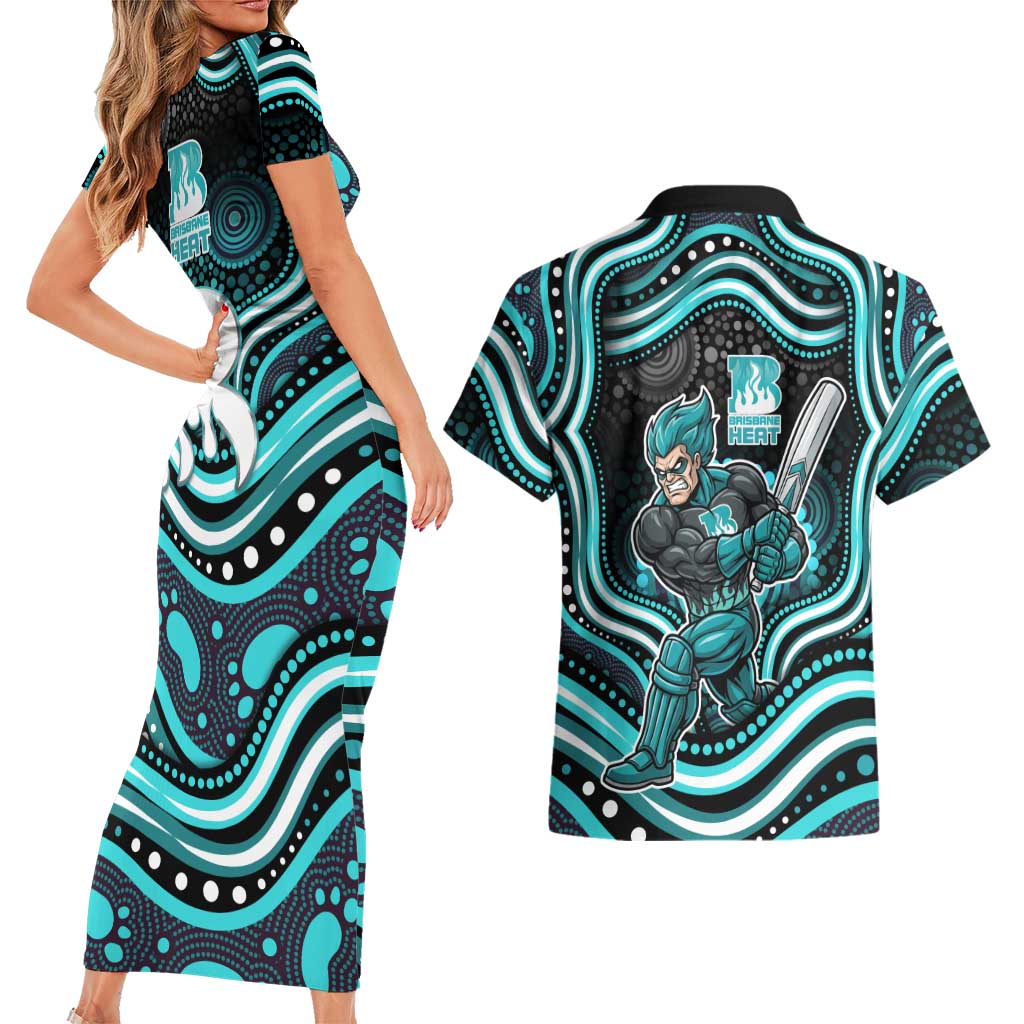 Brisbane Heat Cricket Couples Matching Short Sleeve Bodycon Dress and Hawaiian Shirt Australian Cricket Mascot - Modern Indigenous Style