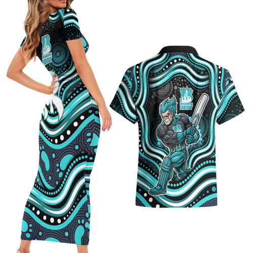 Brisbane Heat Cricket Couples Matching Short Sleeve Bodycon Dress and Hawaiian Shirt Australian Cricket Mascot - Modern Indigenous Style