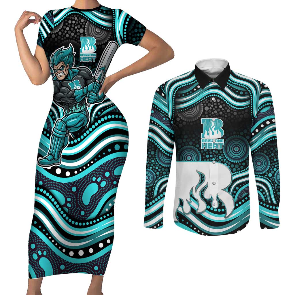 Brisbane Heat Cricket Couples Matching Short Sleeve Bodycon Dress and Long Sleeve Button Shirt Australian Cricket Mascot - Modern Indigenous Style