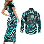 Brisbane Heat Cricket Couples Matching Short Sleeve Bodycon Dress and Long Sleeve Button Shirt Australian Cricket Mascot - Modern Indigenous Style