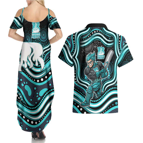 Brisbane Heat Cricket Couples Matching Summer Maxi Dress and Hawaiian Shirt Australian Cricket Mascot - Modern Indigenous Style