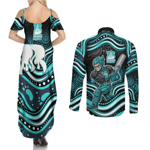Brisbane Heat Cricket Couples Matching Summer Maxi Dress and Long Sleeve Button Shirt Australian Cricket Mascot - Modern Indigenous Style