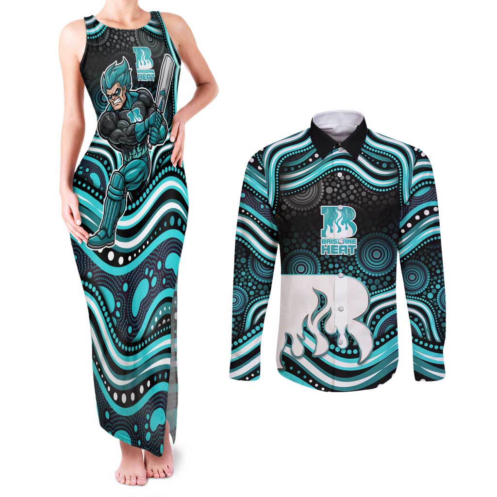 Brisbane Heat Cricket Couples Matching Tank Maxi Dress and Long Sleeve Button Shirt Australian Cricket Mascot - Modern Indigenous Style