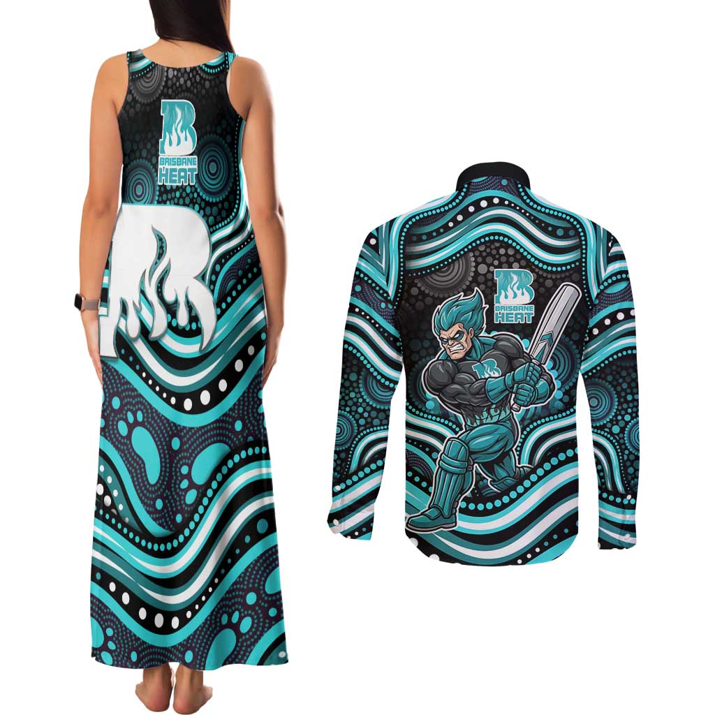 Brisbane Heat Cricket Couples Matching Tank Maxi Dress and Long Sleeve Button Shirt Australian Cricket Mascot - Modern Indigenous Style