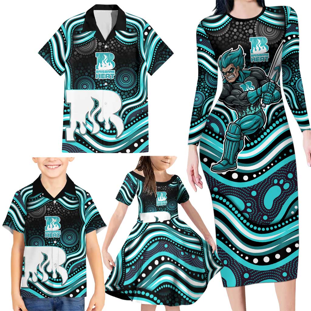 Brisbane Heat Cricket Family Matching Long Sleeve Bodycon Dress and Hawaiian Shirt Australian Cricket Mascot - Modern Indigenous Style