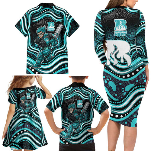 Brisbane Heat Cricket Family Matching Long Sleeve Bodycon Dress and Hawaiian Shirt Australian Cricket Mascot - Modern Indigenous Style