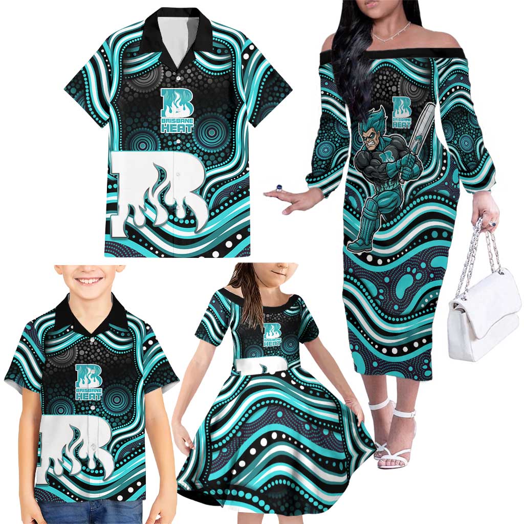 Brisbane Heat Cricket Family Matching Off The Shoulder Long Sleeve Dress and Hawaiian Shirt Australian Cricket Mascot - Modern Indigenous Style