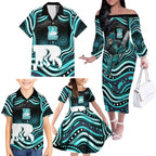 Brisbane Heat Cricket Family Matching Off The Shoulder Long Sleeve Dress and Hawaiian Shirt Australian Cricket Mascot - Modern Indigenous Style