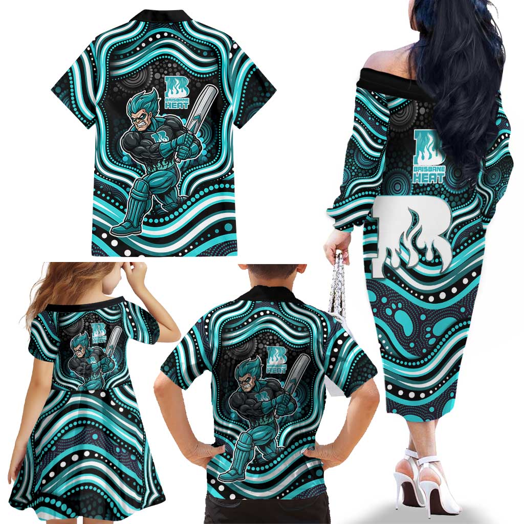 Brisbane Heat Cricket Family Matching Off The Shoulder Long Sleeve Dress and Hawaiian Shirt Australian Cricket Mascot - Modern Indigenous Style