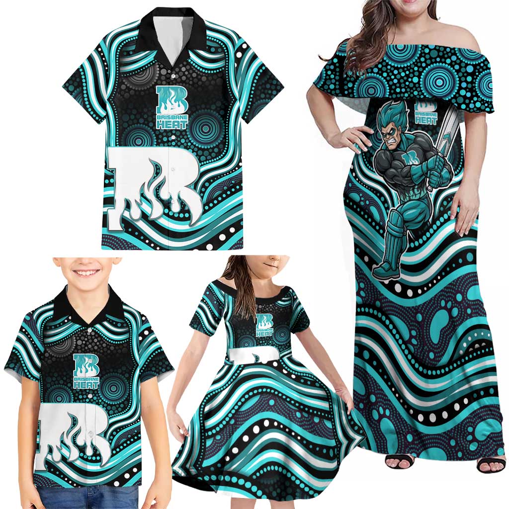 Brisbane Heat Cricket Family Matching Off Shoulder Maxi Dress and Hawaiian Shirt Australian Cricket Mascot - Modern Indigenous Style