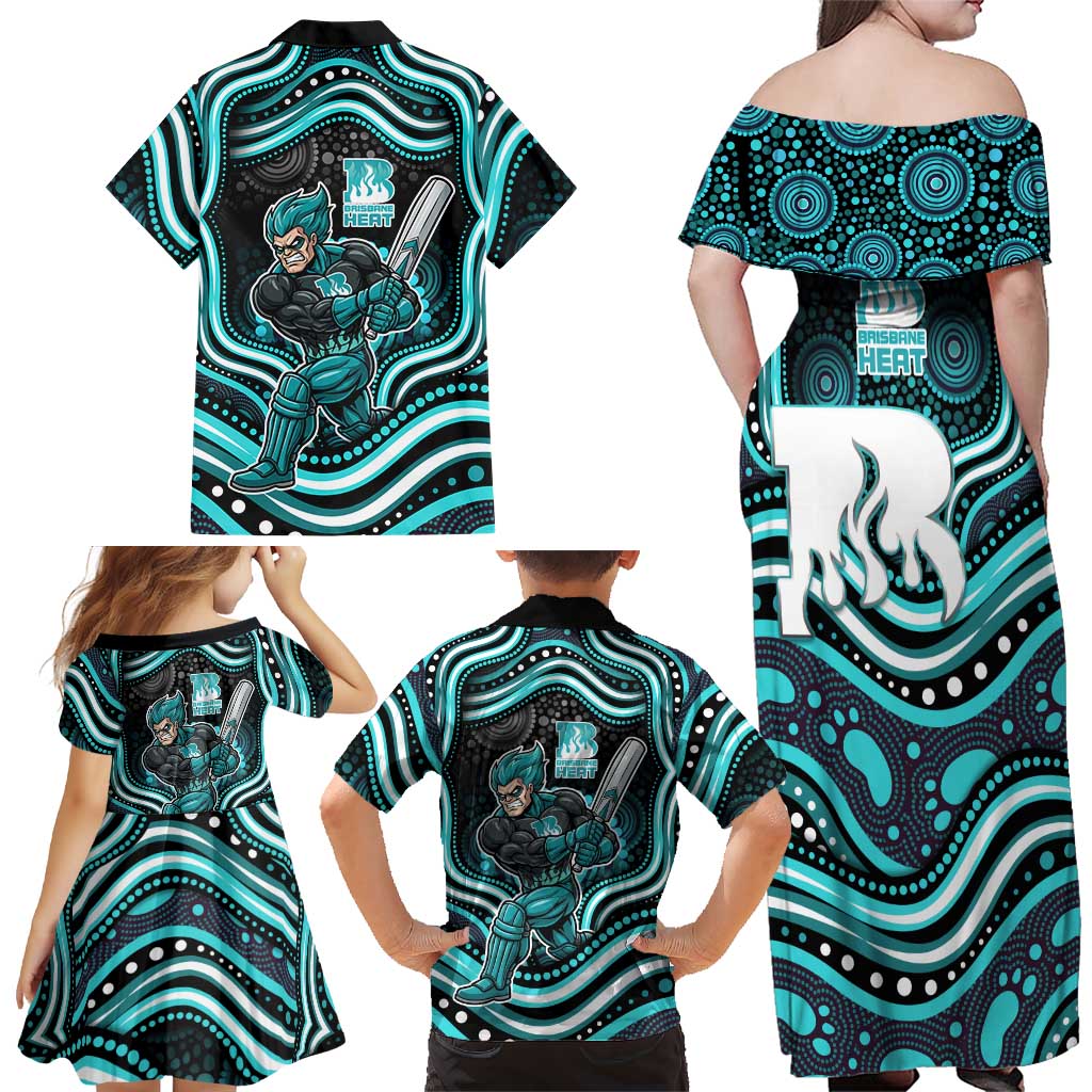 Brisbane Heat Cricket Family Matching Off Shoulder Maxi Dress and Hawaiian Shirt Australian Cricket Mascot - Modern Indigenous Style
