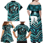 Brisbane Heat Cricket Family Matching Off Shoulder Maxi Dress and Hawaiian Shirt Australian Cricket Mascot - Modern Indigenous Style