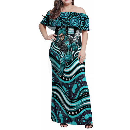 Brisbane Heat Cricket Family Matching Off Shoulder Maxi Dress and Hawaiian Shirt Australian Cricket Mascot - Modern Indigenous Style