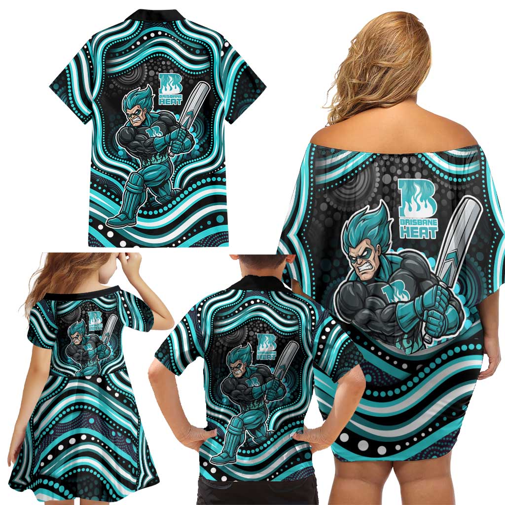 Brisbane Heat Cricket Family Matching Off Shoulder Short Dress and Hawaiian Shirt Australian Cricket Mascot - Modern Indigenous Style