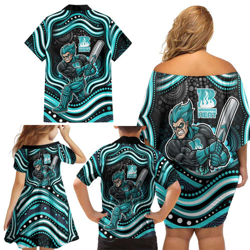 Brisbane Heat Cricket Family Matching Off Shoulder Short Dress and Hawaiian Shirt Australian Cricket Mascot - Modern Indigenous Style