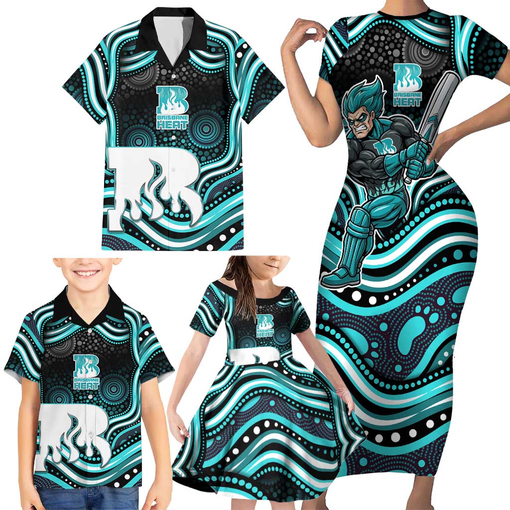 Brisbane Heat Cricket Family Matching Short Sleeve Bodycon Dress and Hawaiian Shirt Australian Cricket Mascot - Modern Indigenous Style