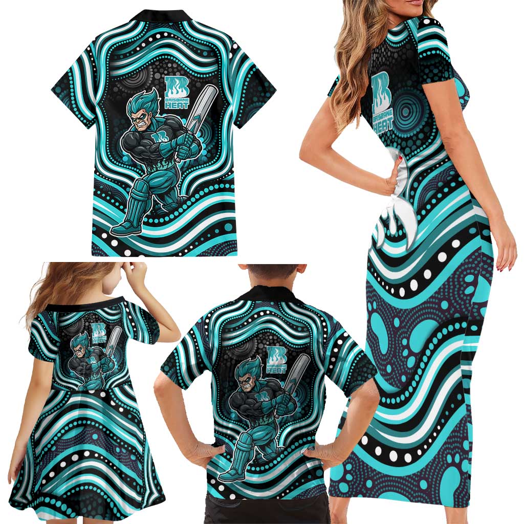 Brisbane Heat Cricket Family Matching Short Sleeve Bodycon Dress and Hawaiian Shirt Australian Cricket Mascot - Modern Indigenous Style