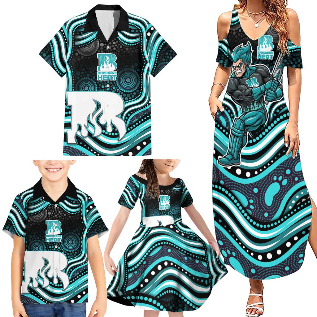 Brisbane Heat Cricket Family Matching Summer Maxi Dress and Hawaiian Shirt Australian Cricket Mascot - Modern Indigenous Style