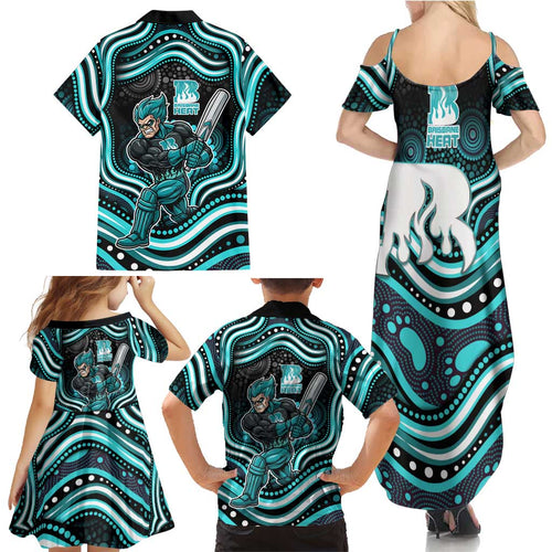 Brisbane Heat Cricket Family Matching Summer Maxi Dress and Hawaiian Shirt Australian Cricket Mascot - Modern Indigenous Style