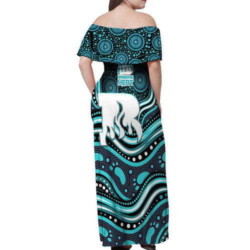 Brisbane Heat Cricket Off Shoulder Maxi Dress Australian Cricket Mascot - Modern Indigenous Style