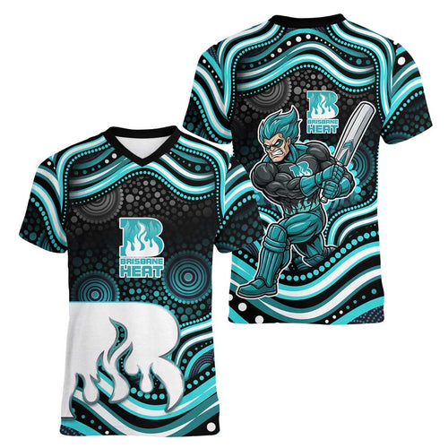 Brisbane Heat Cricket Women V-Neck T-Shirt Australian Cricket Mascot - Modern Indigenous Style