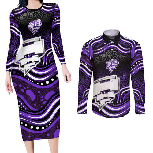 Hobart Hurricanes Cricket Couples Matching Long Sleeve Bodycon Dress and Long Sleeve Button Shirt Australian Cricket Mascot - Modern Indigenous Style