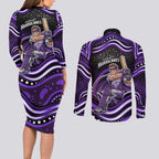Hobart Hurricanes Cricket Couples Matching Long Sleeve Bodycon Dress and Long Sleeve Button Shirt Australian Cricket Mascot - Modern Indigenous Style