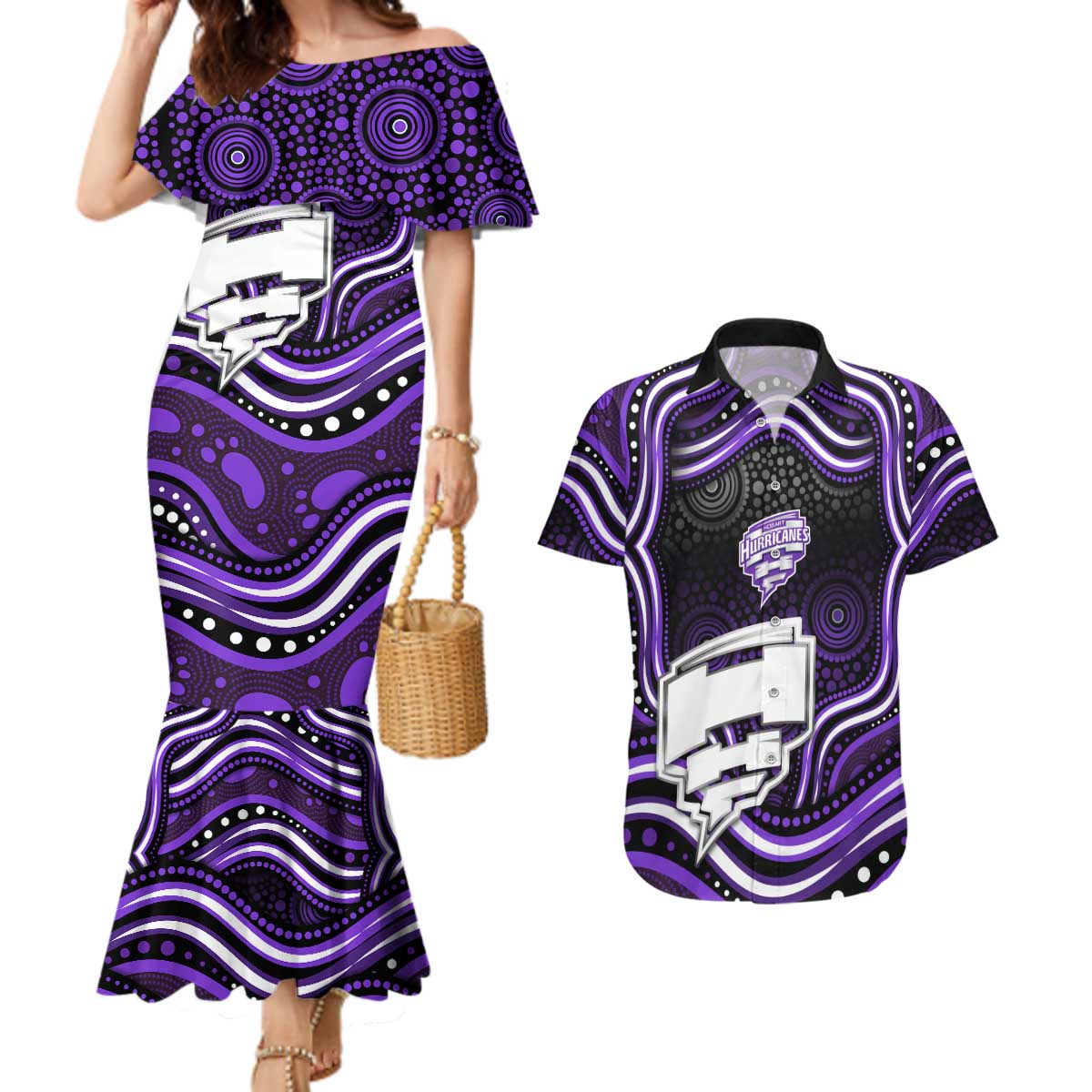 Hobart Hurricanes Cricket Couples Matching Mermaid Dress and Hawaiian Shirt Australian Cricket Mascot - Modern Indigenous Style