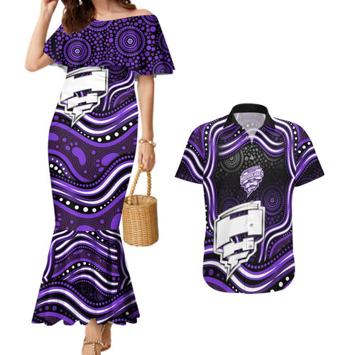 Hobart Hurricanes Cricket Couples Matching Mermaid Dress and Hawaiian Shirt Australian Cricket Mascot - Modern Indigenous Style