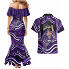 Hobart Hurricanes Cricket Couples Matching Mermaid Dress and Hawaiian Shirt Australian Cricket Mascot - Modern Indigenous Style