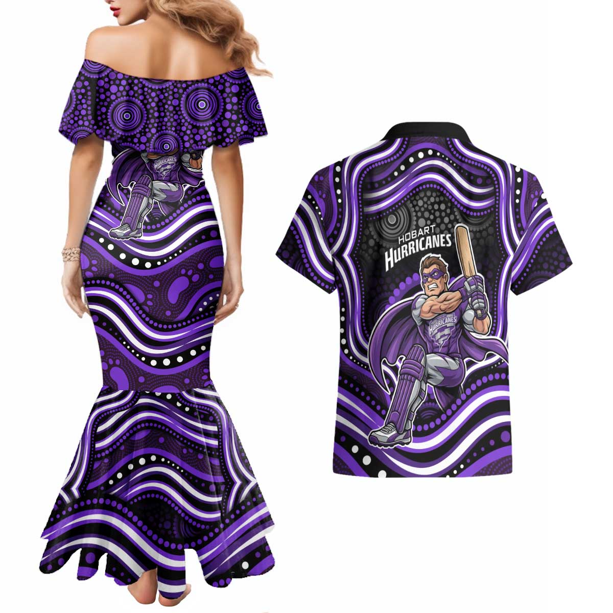 Hobart Hurricanes Cricket Couples Matching Mermaid Dress and Hawaiian Shirt Australian Cricket Mascot - Modern Indigenous Style