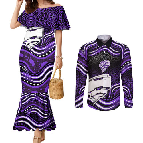 Hobart Hurricanes Cricket Couples Matching Mermaid Dress and Long Sleeve Button Shirt Australian Cricket Mascot - Modern Indigenous Style