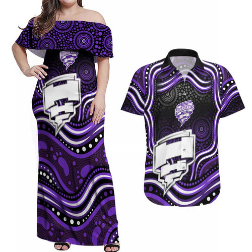 Hobart Hurricanes Cricket Couples Matching Off Shoulder Maxi Dress and Hawaiian Shirt Australian Cricket Mascot - Modern Indigenous Style