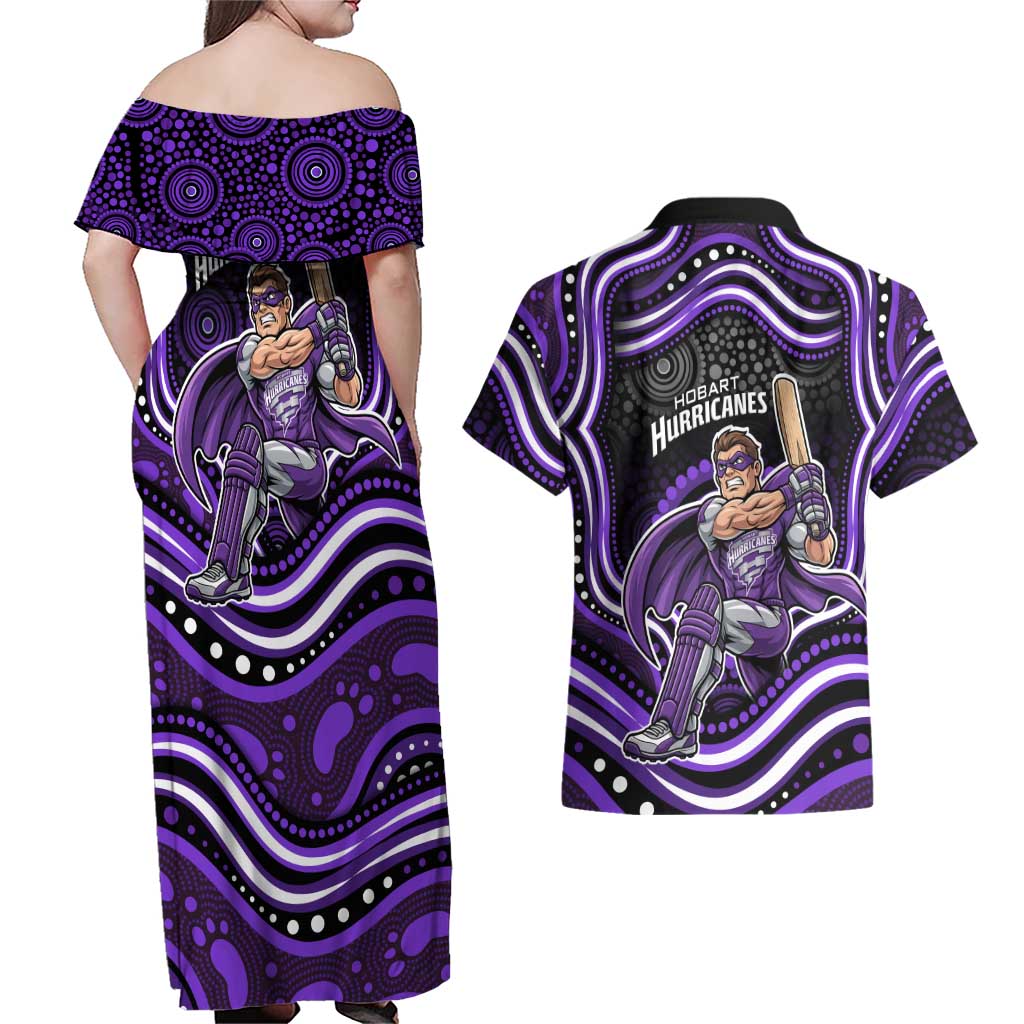 Hobart Hurricanes Cricket Couples Matching Off Shoulder Maxi Dress and Hawaiian Shirt Australian Cricket Mascot - Modern Indigenous Style