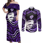 Hobart Hurricanes Cricket Couples Matching Off Shoulder Maxi Dress and Long Sleeve Button Shirt Australian Cricket Mascot - Modern Indigenous Style