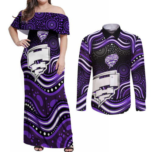 Hobart Hurricanes Cricket Couples Matching Off Shoulder Maxi Dress and Long Sleeve Button Shirt Australian Cricket Mascot - Modern Indigenous Style