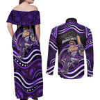 Hobart Hurricanes Cricket Couples Matching Off Shoulder Maxi Dress and Long Sleeve Button Shirt Australian Cricket Mascot - Modern Indigenous Style