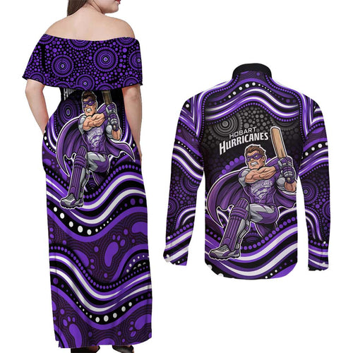 Hobart Hurricanes Cricket Couples Matching Off Shoulder Maxi Dress and Long Sleeve Button Shirt Australian Cricket Mascot - Modern Indigenous Style