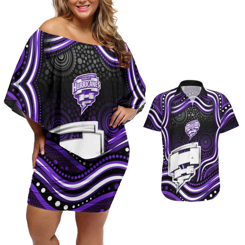 Hobart Hurricanes Cricket Couples Matching Off Shoulder Short Dress and Hawaiian Shirt Australian Cricket Mascot - Modern Indigenous Style