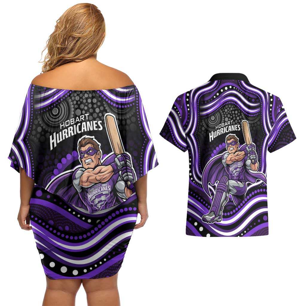 Hobart Hurricanes Cricket Couples Matching Off Shoulder Short Dress and Hawaiian Shirt Australian Cricket Mascot - Modern Indigenous Style