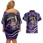 Hobart Hurricanes Cricket Couples Matching Off Shoulder Short Dress and Hawaiian Shirt Australian Cricket Mascot - Modern Indigenous Style