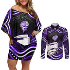 Hobart Hurricanes Cricket Couples Matching Off Shoulder Short Dress and Long Sleeve Button Shirt Australian Cricket Mascot - Modern Indigenous Style