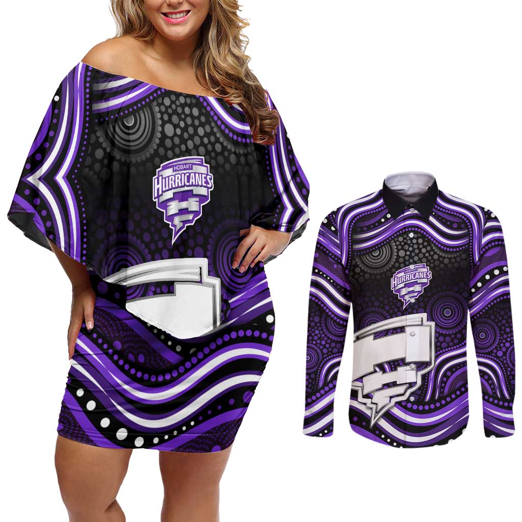 Hobart Hurricanes Cricket Couples Matching Off Shoulder Short Dress and Long Sleeve Button Shirt Australian Cricket Mascot - Modern Indigenous Style