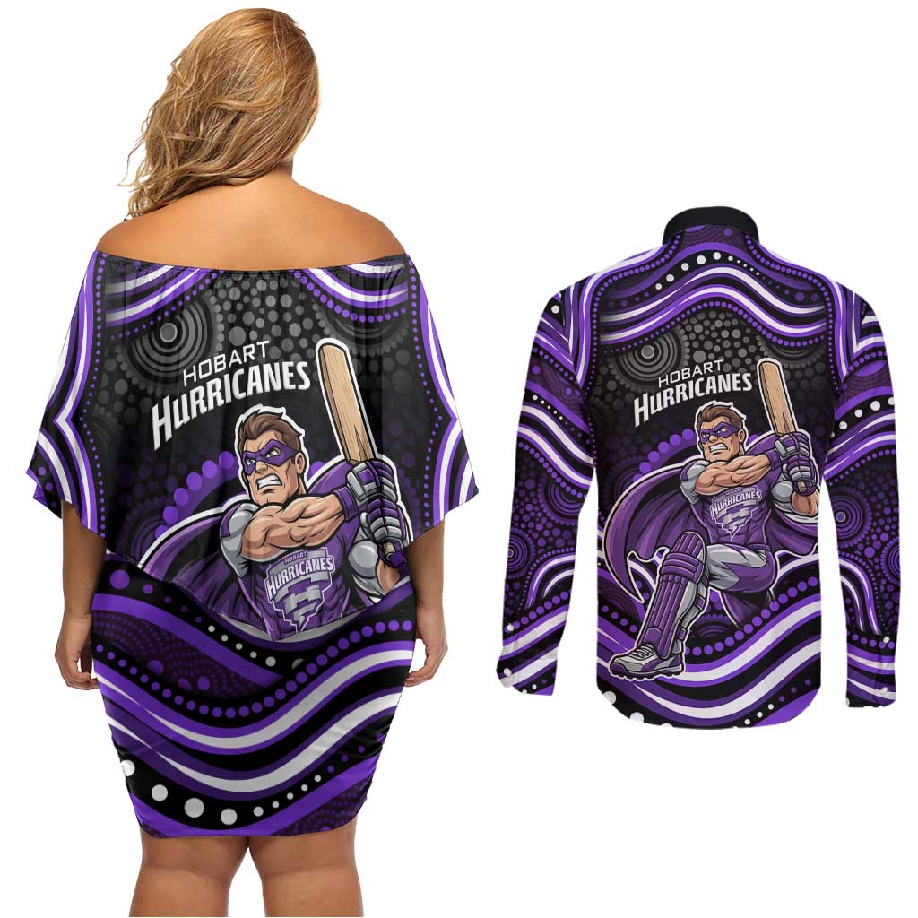Hobart Hurricanes Cricket Couples Matching Off Shoulder Short Dress and Long Sleeve Button Shirt Australian Cricket Mascot - Modern Indigenous Style