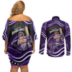 Hobart Hurricanes Cricket Couples Matching Off Shoulder Short Dress and Long Sleeve Button Shirt Australian Cricket Mascot - Modern Indigenous Style