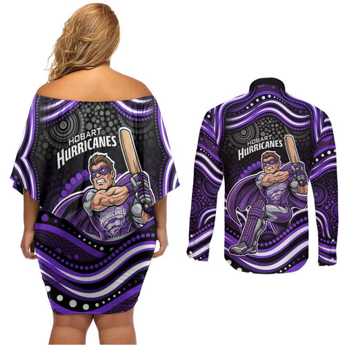 Hobart Hurricanes Cricket Couples Matching Off Shoulder Short Dress and Long Sleeve Button Shirt Australian Cricket Mascot - Modern Indigenous Style