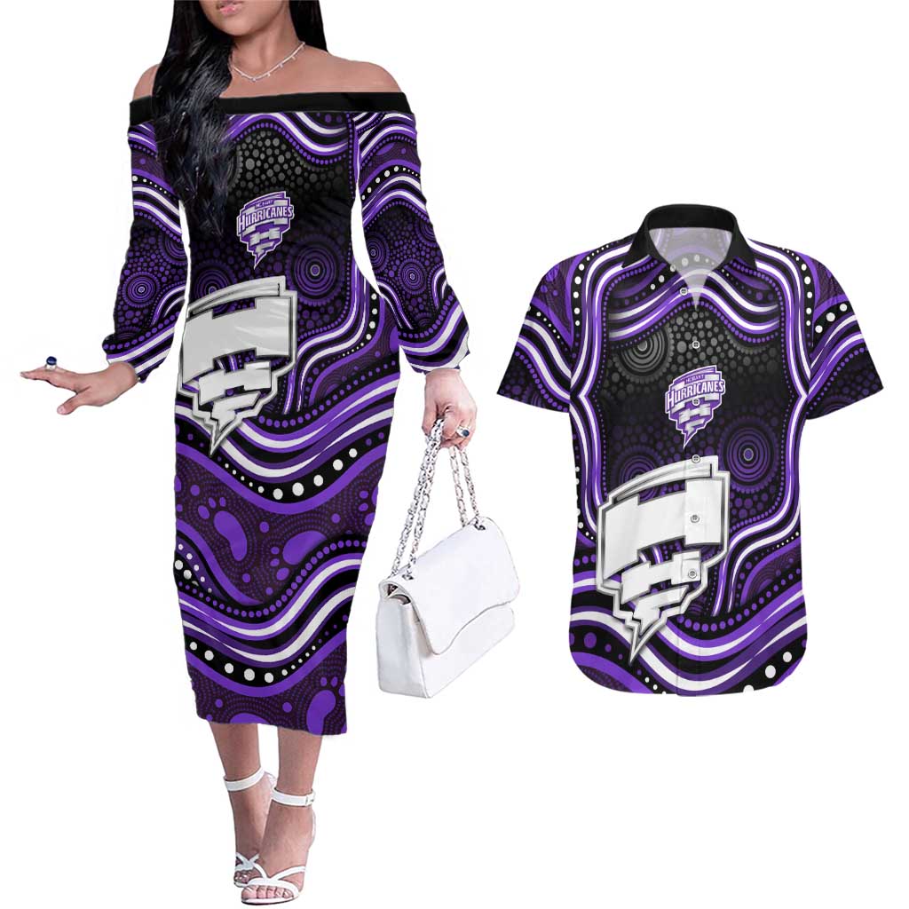 Hobart Hurricanes Cricket Couples Matching Off The Shoulder Long Sleeve Dress and Hawaiian Shirt Australian Cricket Mascot - Modern Indigenous Style